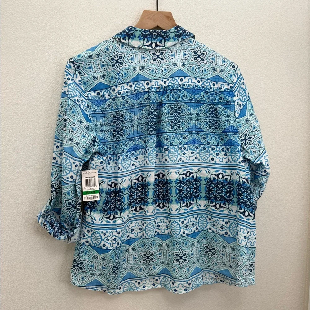 NWT Charter Club Linen Button‎ Down Shirt Long Sleeve Blue Mint Petite Large - Picture 2 of 8